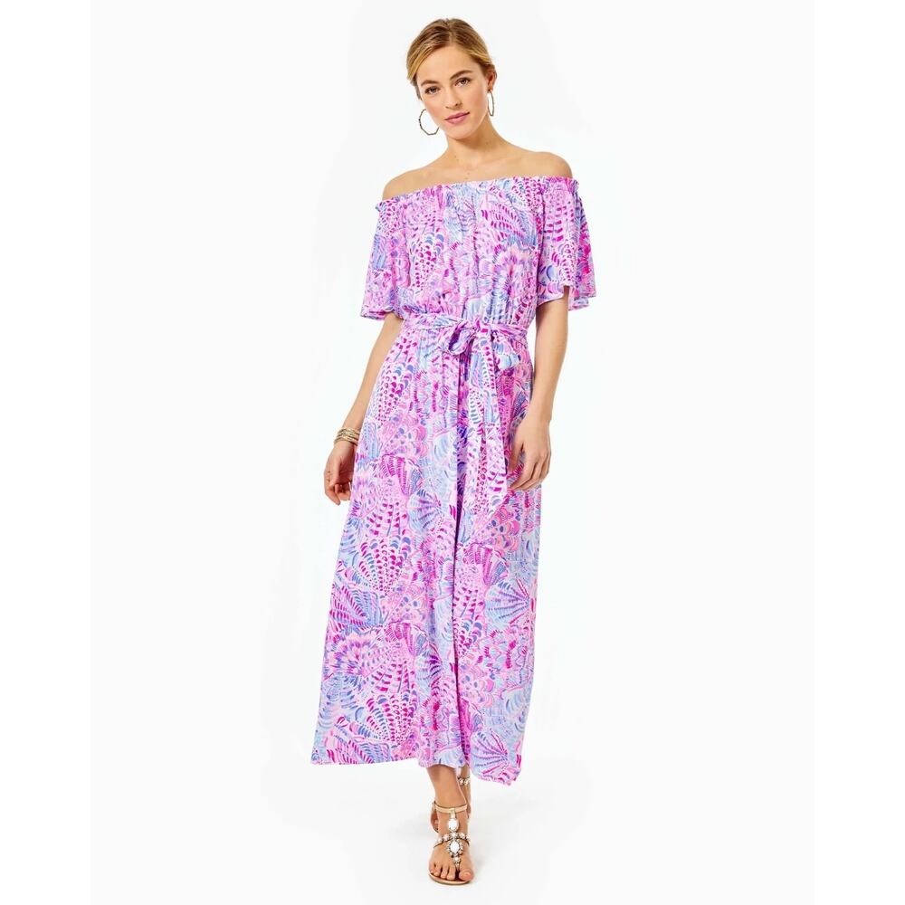 LILLY PULITZER Moriah Off Shoulder Midi Dress *SEA YOU SOON* Raz Berry sz XS